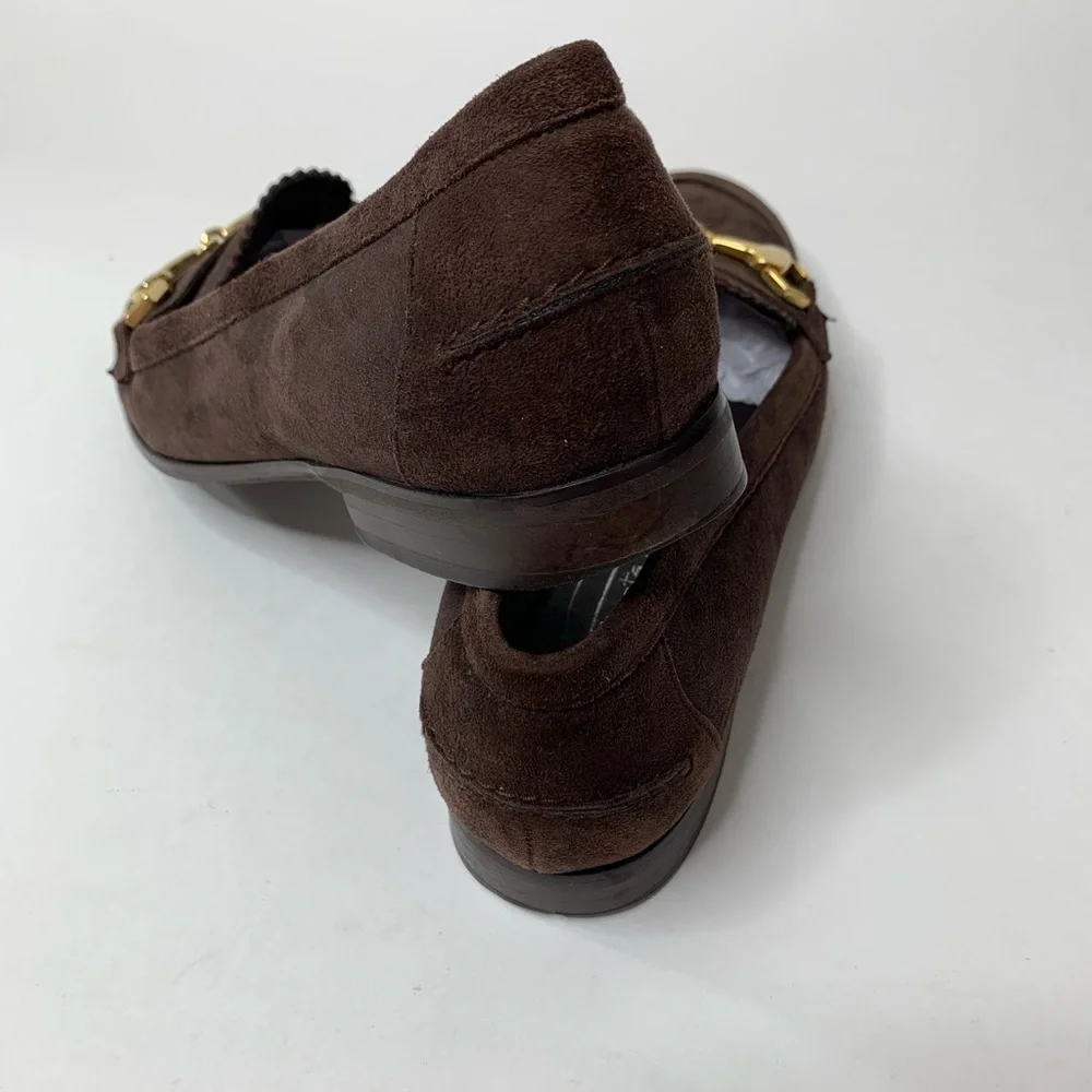 Talbots Women’s Brown Suede Flat Loafers With Gold Horse Bit Buckle Size 8 N